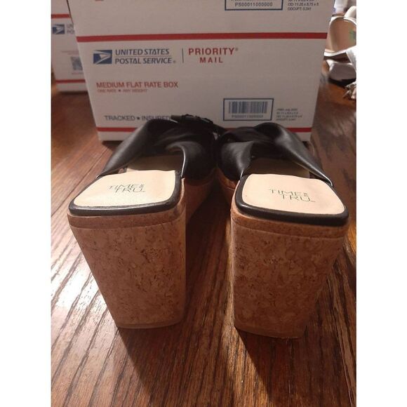 New Size 9 Time and Tru Black Cork Open Toe Platform Wedge High Heel Shoes - Picture 3 of 6